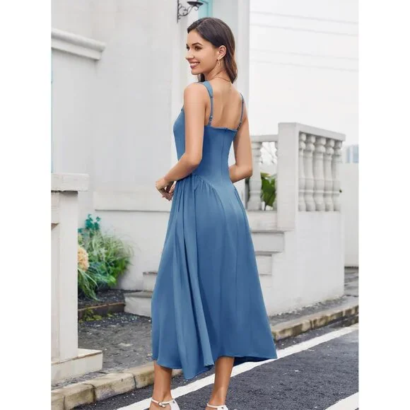 Women's Formal Midi Dress Dusty Blue Sleeveless V-Neck A-Line Pockets Women's Formal Midi Dress Dusty Blue Sleeveless V-Neck A-Line Pockets